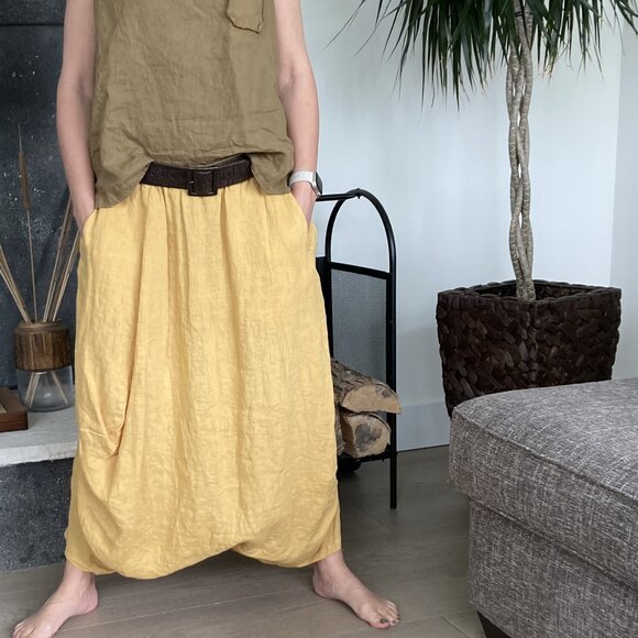 Unique 100% Linen Skirt (Harem Style), OS, yellow-mustard - Picture 2 of 12